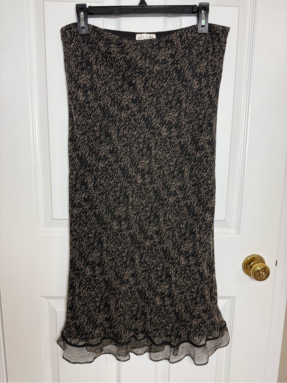 Allison Taylor Black and Tan 100% Silk Slip Midi Skirt with Ruffle Edge